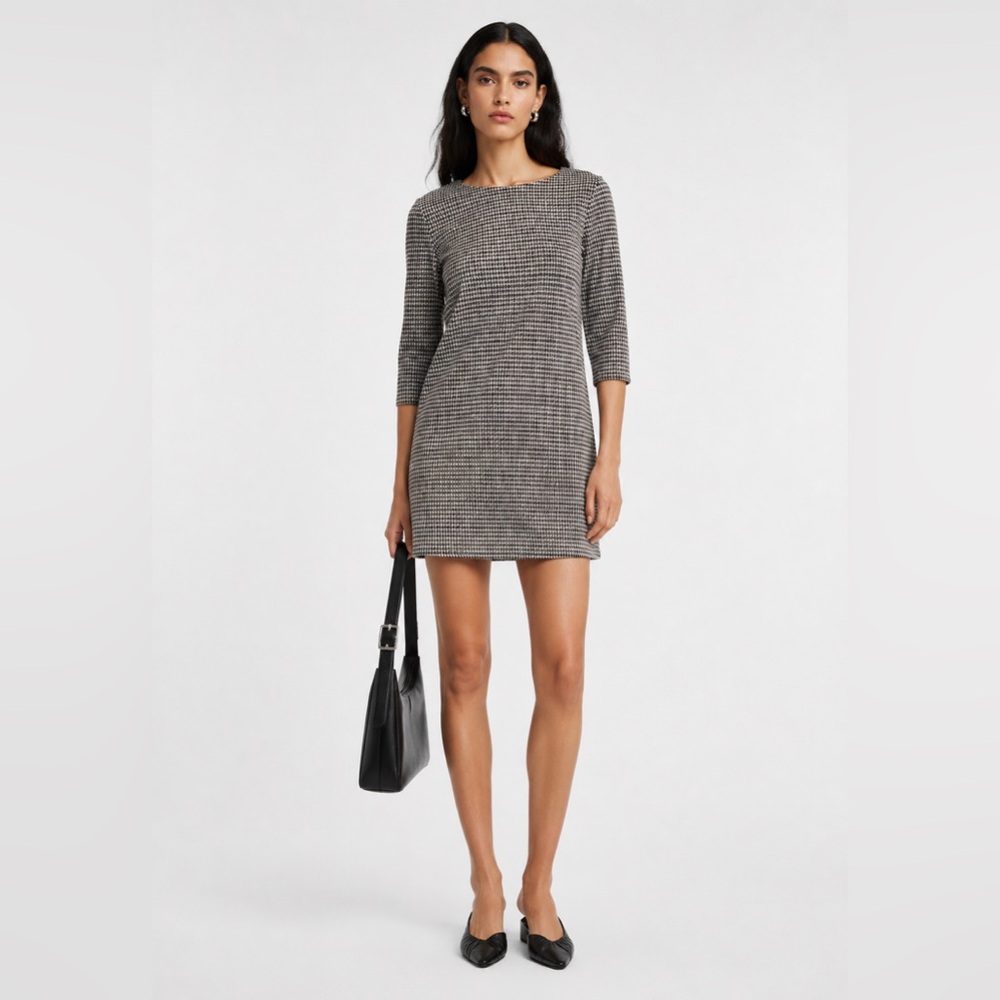 ONLY - Houndstooth Shift Dress Brown Cream 3/4 Sleeve Size M
